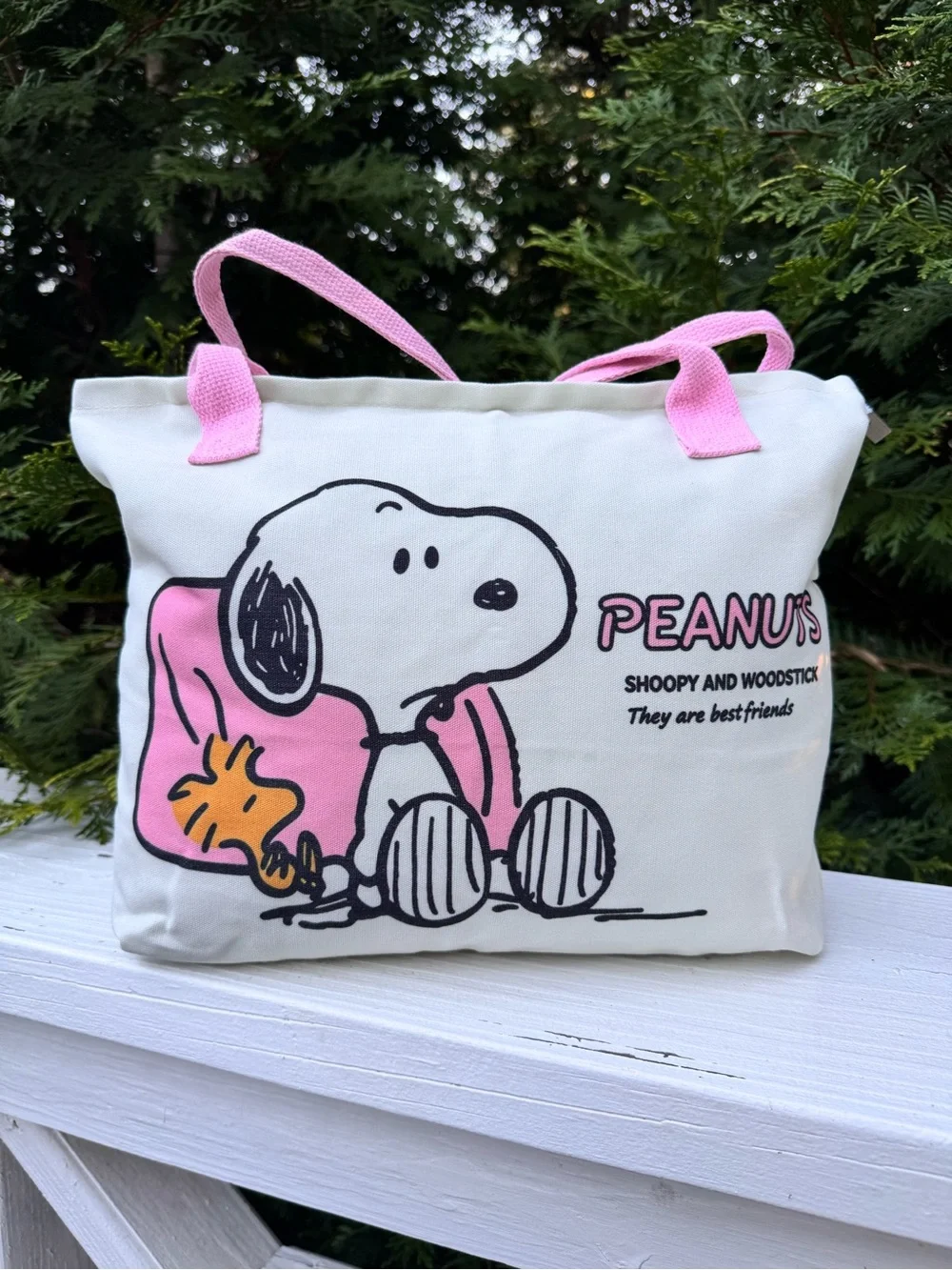 Peanuts Snoopy Canvas Tote Bag in Pink zipper top, 8” handle drop, 15”x10”x3